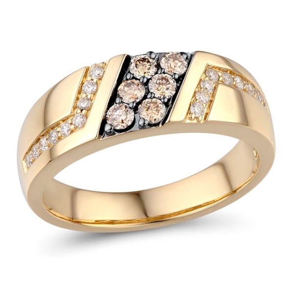 Gold Mens Ring with Brown Diamond and Diamond