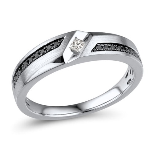 Gold Mens Ring with White & Black Diamond